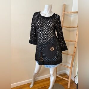 Kaktus Top Tunic Open Weave Long Sleeve Lagenlook Crochet Boho Fall Black Large